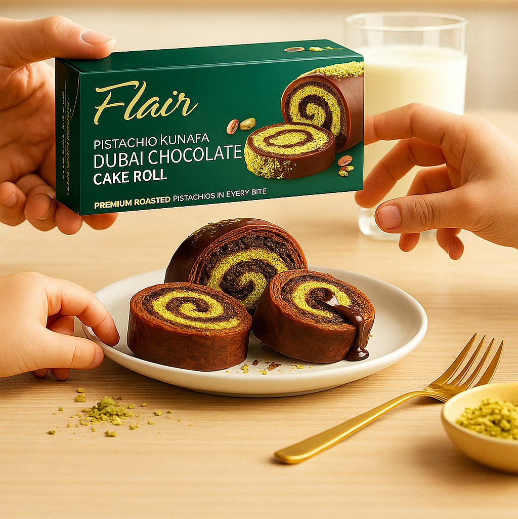 Flair Pistachio Kunafa Dubai Chocolate Swiss Roll 12pcs - 1.98kg