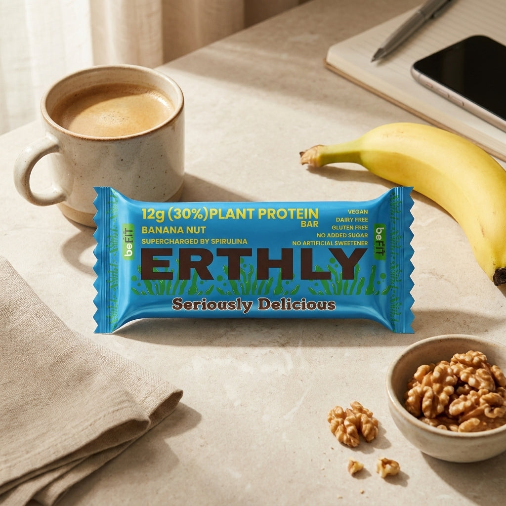 ERTHLY Banana Nut plant protein bar lifestyle shot