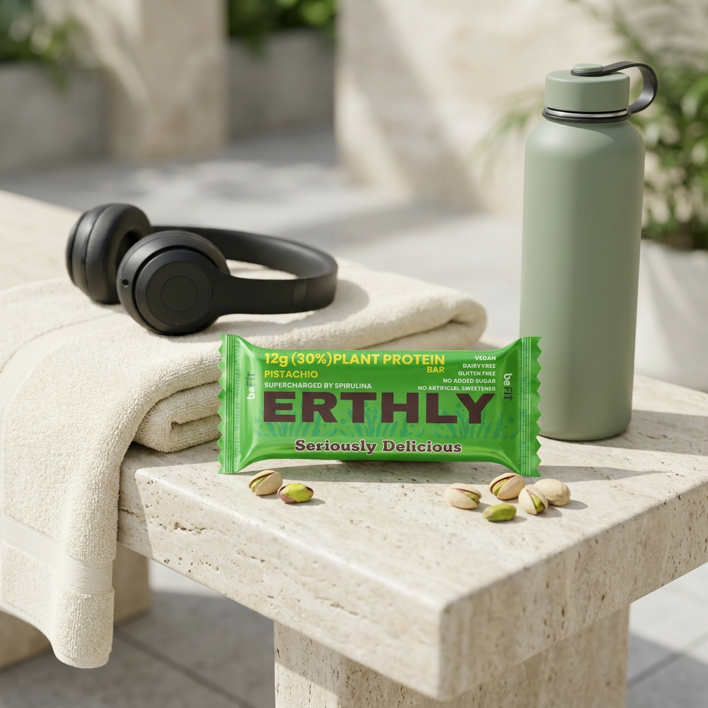 ERTHLY Pistachio plant protein bar lifestyle shot