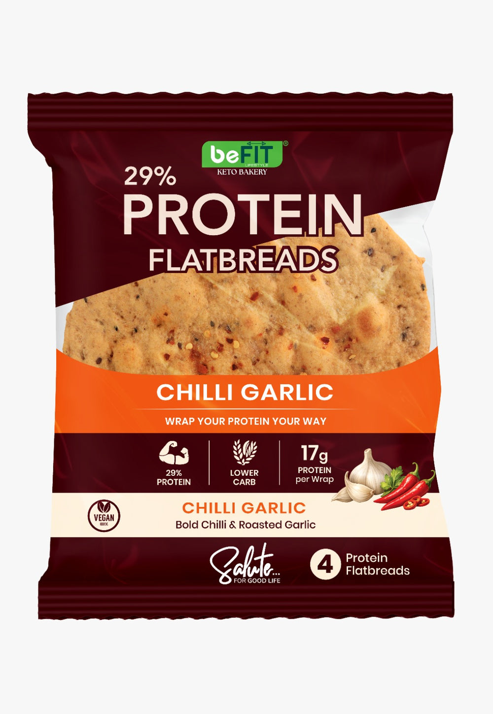 Befit Keto Protein Flatbreads Chilli Garlic 60g 4 Pack