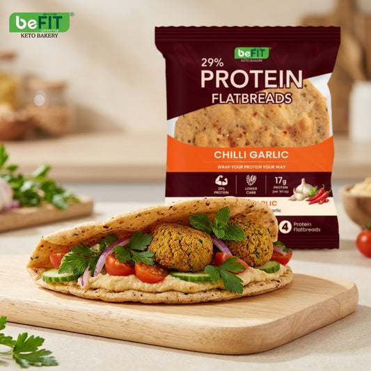 Befit Chilli Garlic protein flatbread with falafel, hummus and fresh veggies, lifestyle