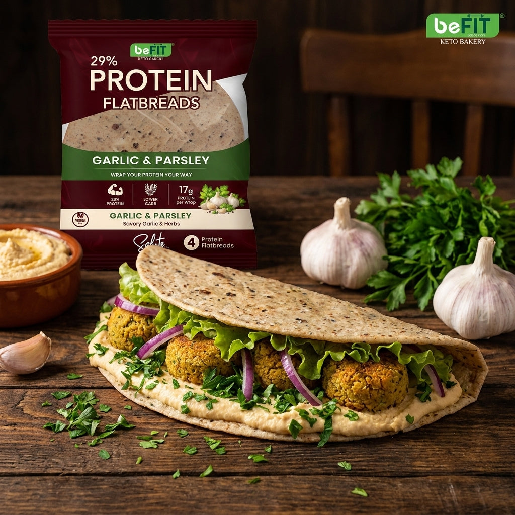 Befit Garlic & Parsley protein flatbread with falafel, hummus and parsley, lifestyle