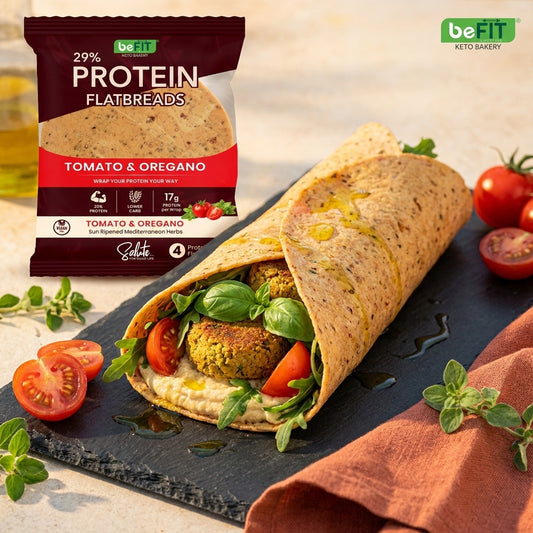 Befit Tomato & Oregano protein flatbread wrap with falafel and fresh herbs, lifestyle