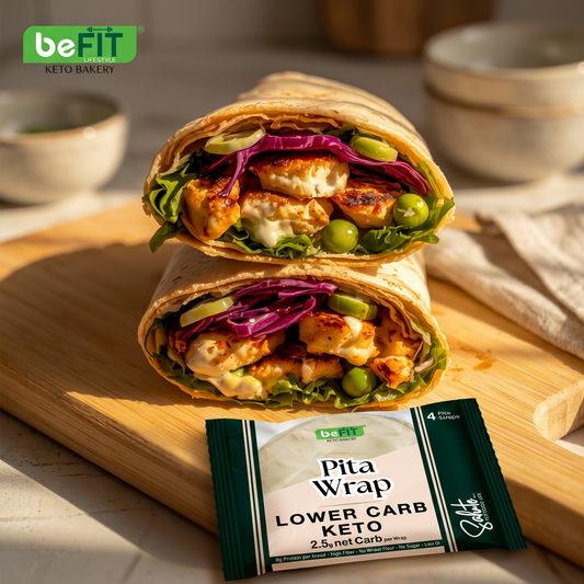Befit keto pita wrap filled with grilled chicken and fresh veggies, lifestyle